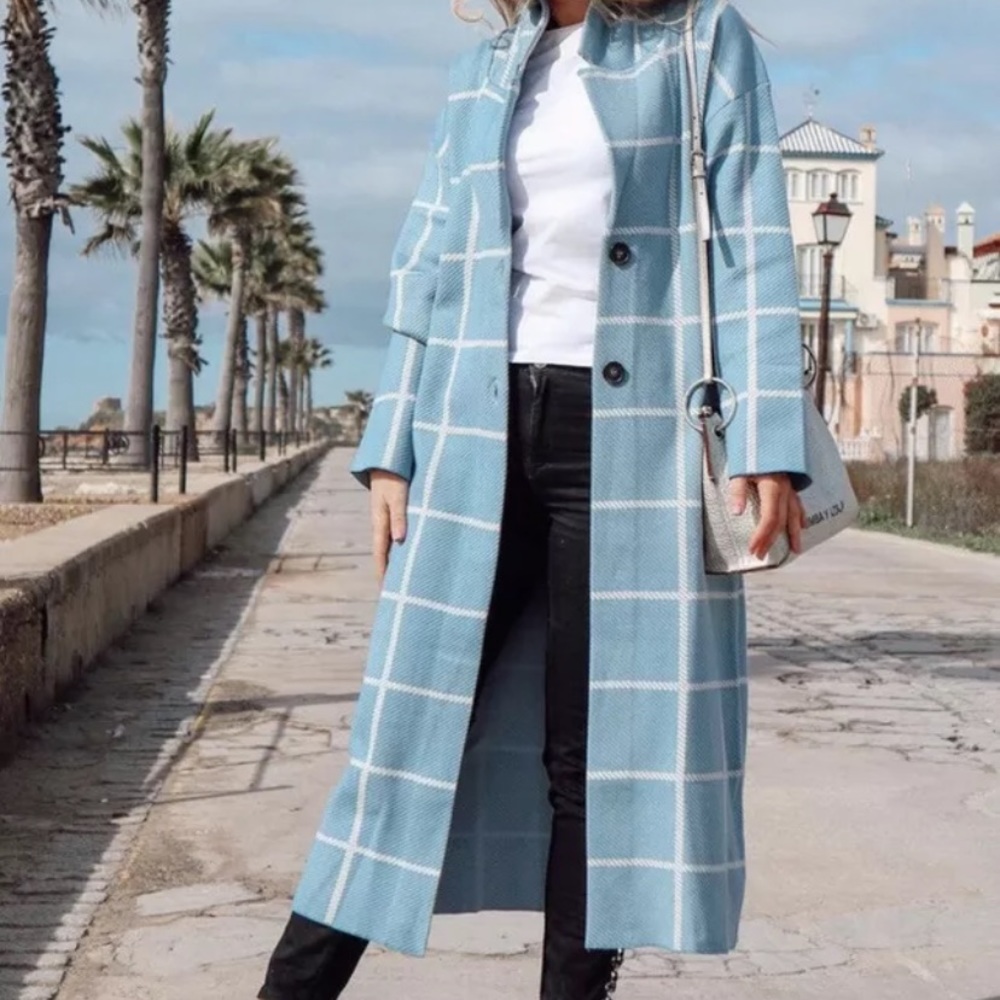 NEW Zara sky blue check coat blogger style - Picture 3 of 9